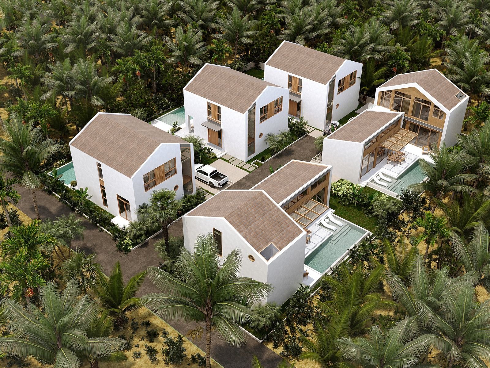 Aerial view of the five Malibu Beach Villas set among palm trees
