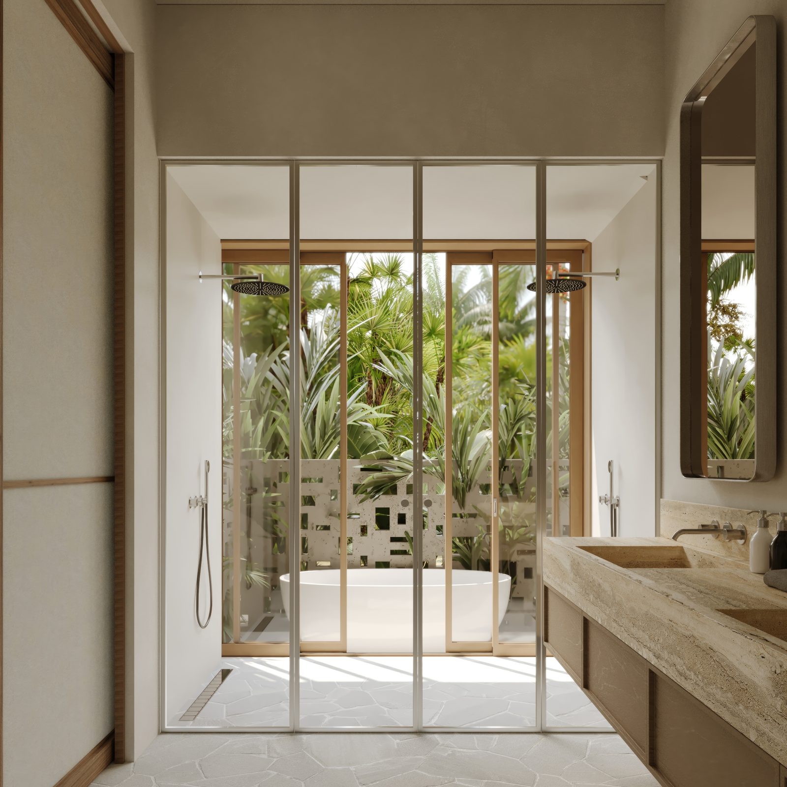 Villa Bay master bathroom with twin rain showers and a bathtub on a garden terrace
