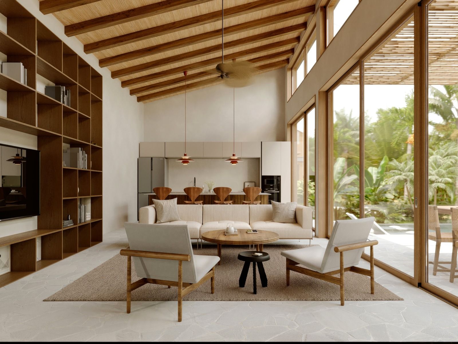 Bay Villa living room with library wall